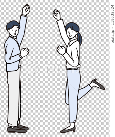 笑顔でガッツポーズをするスーツ姿の男性と女性ビジネスパーソンのイラスト素材 119538324