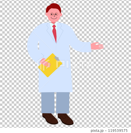 一名身穿白大褂、戴著眼鏡、繫著領帶的男子手持活頁夾（文件）並引導該人的全身插圖。 119539575