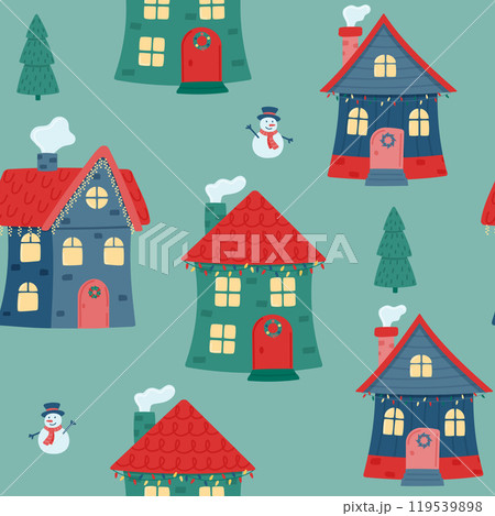 Seamless pattern of colorful houses, snowmen and fir trees. Vector illustration in a flat style. 119539898