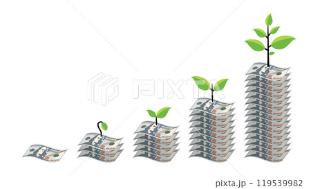 複利で殖える新100ドル紙幣の札束と成長する葉 フチ線なし 複利で殖える新100ドル紙幣の札束と成長する葉 フチ線なし 119539982