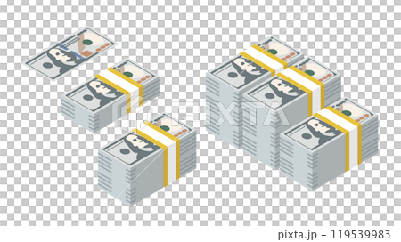 New 100 dollar bills and stack of bills, with no border 119539983