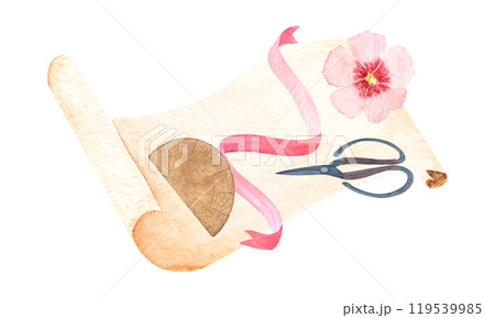 Scissors, parchment scroll, pink ribbon and flower, protractor watercolor composition isolated on white. Hand drawn high quality art for stationary decor, stickers, making sewing pattern design Scissors, parchment scroll, pink ribbon and flower, protractor watercolor composition isolated on white. Hand drawn high quality art for stationary decor, stickers, making sewing pattern design 119539985