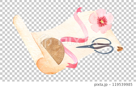 Scissors, parchment scroll, pink ribbon and flower, protractor watercolor composition isolated on white. Hand drawn high quality art for stationary decor, stickers, making sewing pattern design Scissors, parchment scroll, pink ribbon and flower, protractor watercolor composition isolated on white. Hand drawn high quality art for stationary decor, stickers, making sewing pattern design 119539985