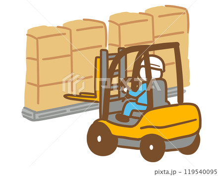 フォークリフトで荷物を積み下ろしている作業服の男性 フォークリフトで荷物を積み下ろしている作業服の男性 119540095
