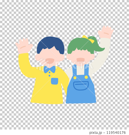 A flat illustration of a friendly pair of children [male and female] standing side by side and waving 119540176