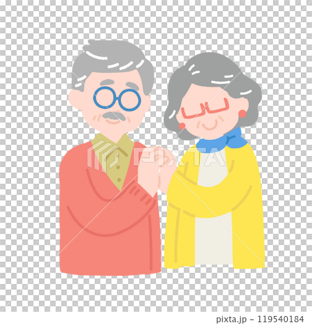 A flat illustration of a senior couple [man and woman] clasping their fingers together in front of each other 119540184