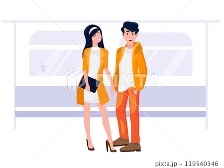 Stylish couple standing together, dressed in modern outfits with warm color palette. Stylish couple standing together, dressed in modern outfits with warm color palette. 119540346