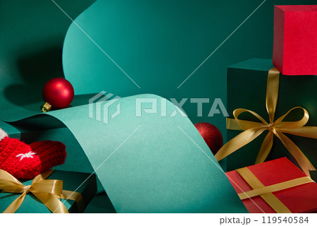 The Christmas-themed photo template, is decorated in detail with full-sized gift boxes, next to Christmas hanging balls and woolen stockings, along with curved paper to create a product display space. The Christmas-themed photo template, is decorated in detail with full-sized gift boxes, next to Christmas hanging balls and woolen stockings, along with curved paper to create a product display space. 119540584