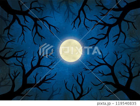 怖い暗い森と満月の背景水彩 119540835