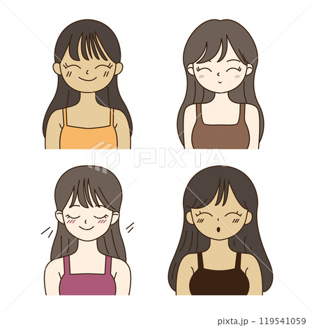 Collection of Long Haired Beautiful Girl Cartoon Character with Smiling Expression 119541059