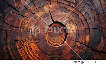 Close-up of tree rings with warm glowing center. 119541110