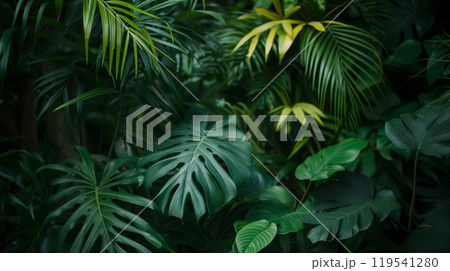 Dense tropical leaves in a lush setting. 119541280