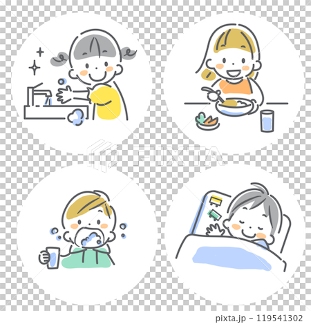 Children's infectious disease prevention set: Colorful and cute line drawing illustrations Children's infectious disease prevention set: Colorful and cute line drawing illustrations 119541302