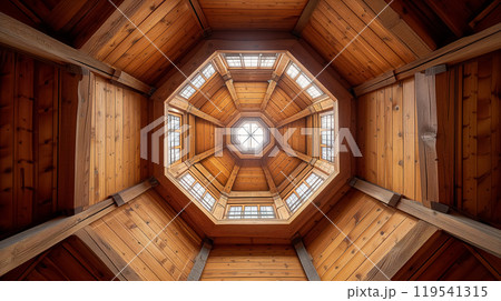 Octagonal wooden ceiling with skylight. 119541315