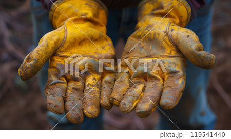 Worker's hands covered in yellow dirt and dust. 119541440