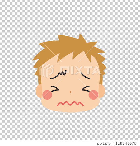 一個可愛的小男孩的表情符號插圖，表情困惑，臉上有白色背景向量 119541679