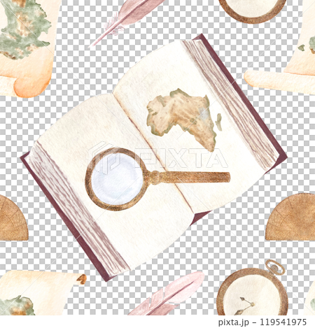 Hardcover open book with Afrika's map, magnifying glass, pocket watch, protractor watercolor seamless pattern isolated on white. Hand painted for bookstore, geography vintage design, wrapping paper 119541975