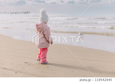 Little child girl on sea coastline and watching seagulls. Winter concept. Little child girl on sea coastline and watching seagulls. Winter concept. 119542045