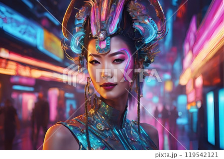 2100年未来トレンドを意識したアジア人ヘアメイクスタイル 美人女性像を生成AIで表現 119542121
