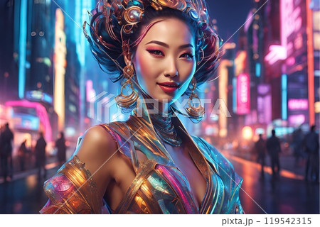 2100年未来トレンドを意識したアジア人ヘアメイクスタイル 美人女性像を生成AIで表現 119542315