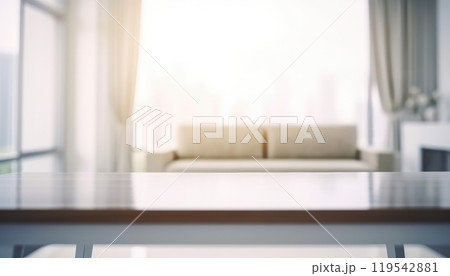 Front view of empty table in the living room in the morning with blurred background. Generative AI 119542881