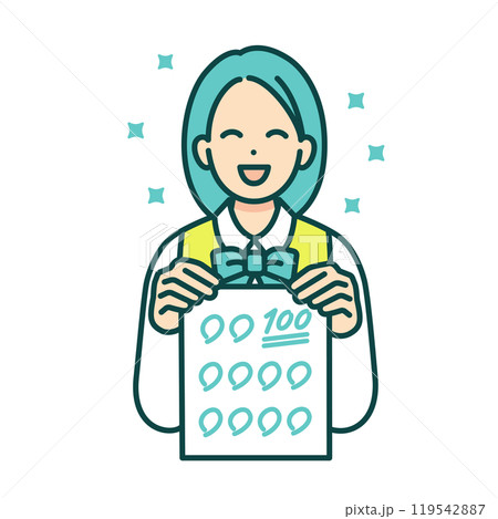 テストの結果に大満足。100点の答案用紙を手に持つ学生服を着た高校生のイラスト。 119542887