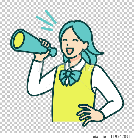 A woman in a school uniform cheers with a megaphone. Vector illustration of a girl cheering. A woman in a school uniform cheers with a megaphone. Vector illustration of a girl cheering. 119542891