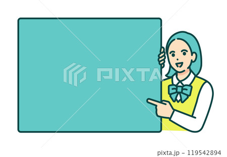 ブレザー姿の女子高生が大事なポイントを解説。テキストスペースが確保されたベクターイラスト素材。 ブレザー姿の女子高生が大事なポイントを解説。テキストスペースが確保されたベクターイラスト素材。 119542894