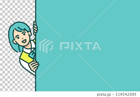 A girl in a school uniform peers in. Vector illustration of a high school girl peeking out from behind a wall. 119542895