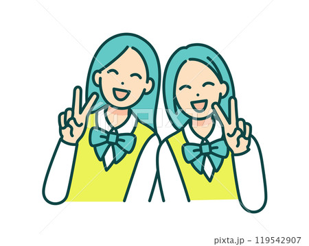 ピースサインをする女子高生。クラスメイトと明るく笑う女の子のベクターイラスト素材。 119542907