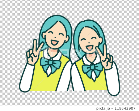 A high school girl making a peace sign. Vector illustration of a girl smiling cheerfully with her classmates. 119542907