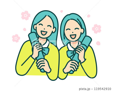 卒業式を迎えた制服姿の学生。卒業証書を持つクラスメートのベクターイラスト素材。 119542910