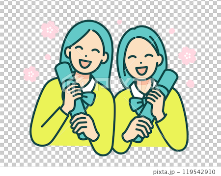 卒業式を迎えた制服姿の学生。卒業証書を持つクラスメートのベクターイラスト素材。 119542910