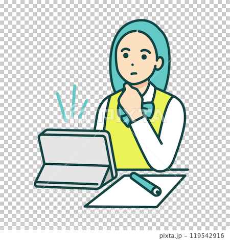 A girl thinking. An illustration of a high school girl in uniform studying on a tablet. A girl thinking. An illustration of a high school girl in uniform studying on a tablet. 119542916