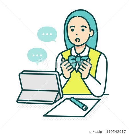 机に座って勉強する高校生。タブレットでオンライン授業を受ける女の子のベクターイラスト素材。 119542917