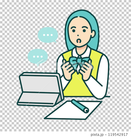 机に座って勉強する高校生。タブレットでオンライン授業を受ける女の子のベクターイラスト素材。 119542917