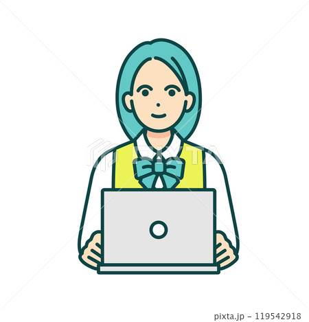 部屋でPCを使い学習をする高校生。インターネットを使い学ぶ女の子のイラスト。 119542918