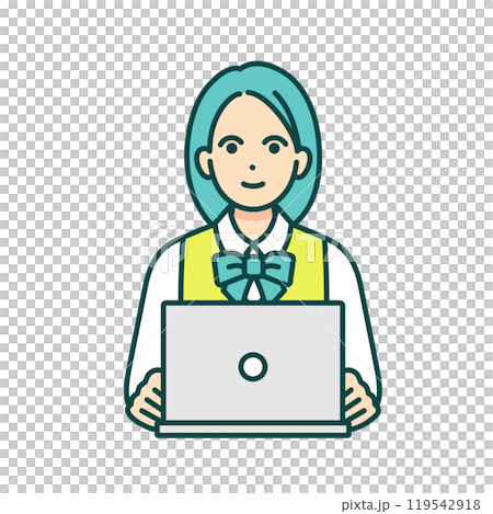 部屋でPCを使い学習をする高校生。インターネットを使い学ぶ女の子のイラスト。 119542918