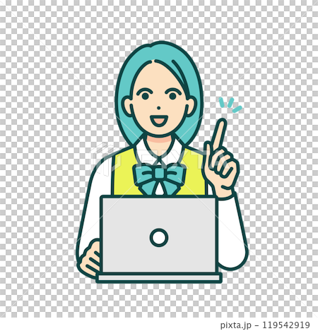 一個女孩指著。一名高中女生在學校使用筆記型電腦學習的向量材料。 一個女孩指著。一名高中女生在學校使用筆記型電腦學習的向量材料。 119542919