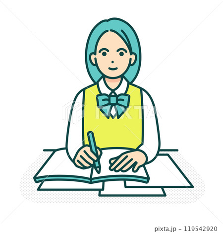 学校での授業風景。ノートをとる女の子。机に座り勉強する女子高生のイラスト。 学校での授業風景。ノートをとる女の子。机に座り勉強する女子高生のイラスト。 119542920