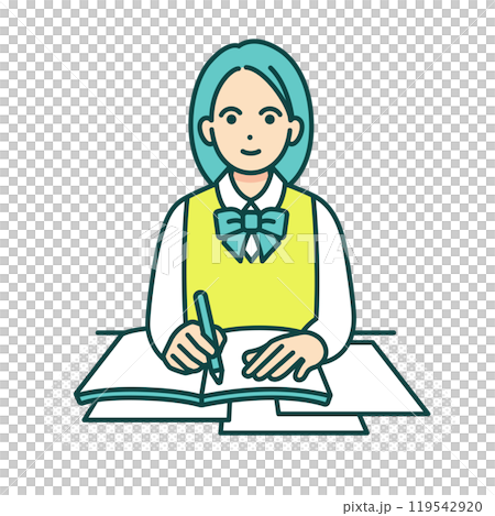 学校での授業風景。ノートをとる女の子。机に座り勉強する女子高生のイラスト。 学校での授業風景。ノートをとる女の子。机に座り勉強する女子高生のイラスト。 119542920