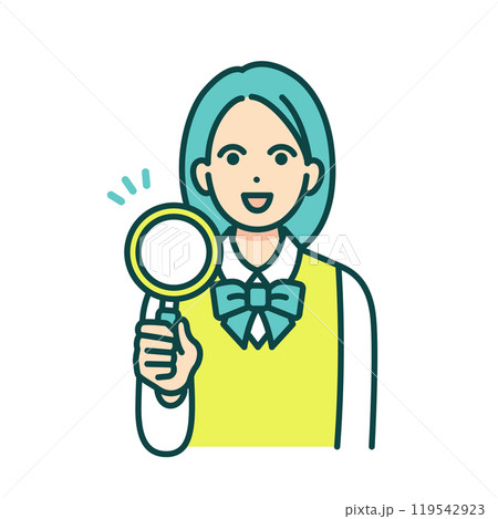 何かを発見した女子高生。虫眼鏡を持つ女の子のベクターイラスト素材。 何かを発見した女子高生。虫眼鏡を持つ女の子のベクターイラスト素材。 119542923