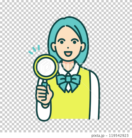 發現了什麼的女高中生。一個拿著放大鏡的女孩的向量圖素材。 119542923