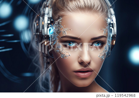 Blurred futuristic beautiful young woman. 119542968