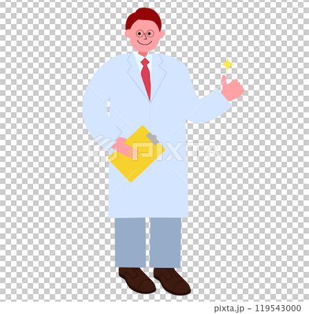 A full-body illustration of a man wearing glasses, a white coat and a tie, holding a binder (documents) and giving a thumbs up 119543000