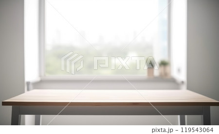 Empty wooden table with copy space in white living room with window. Generative AI 119543064