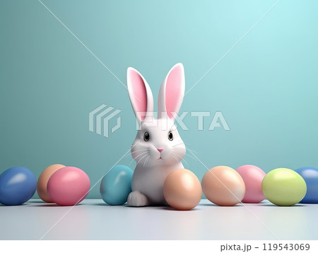 Little Bunny In Basket With Decorated Easter Eggs. Easter concept. Generative AI 119543069