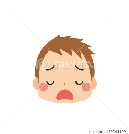 うんざりした顔の可愛い小さな男の子の絵文字イラスト　アイコン　表情　白背景　ベクター 119543109