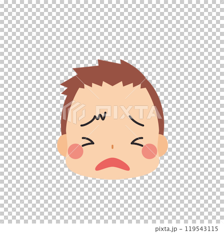 一個可愛的小男孩的表情符號插圖，帶有疲倦的臉圖標面部表情白色背景向量 119543115