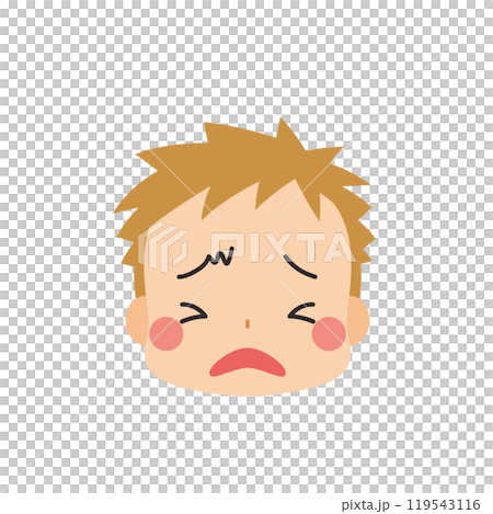 一個可愛的小男孩的表情符號插圖，帶有疲倦的臉圖標面部表情白色背景向量 119543116